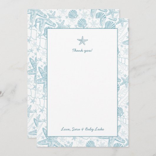 海の貝の男の子のベビーシャワーはノート感謝していしています サンキューカード (正面/裏面)