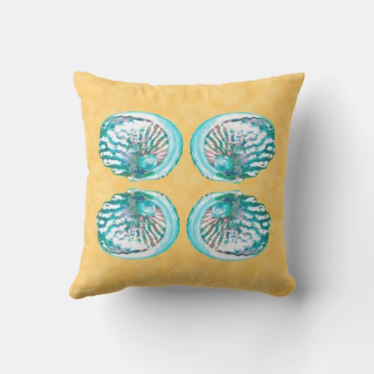 海の貝デザイン、ターコイズおよび黄色 クッション (裏面)