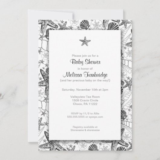 海の貝殻とヒトデのシルエット ベビーシャワーの招待状 招待状 (正面)