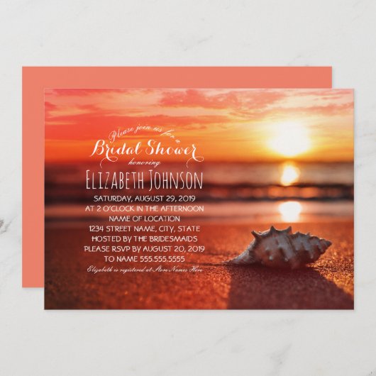 海の貝殻の日没のビーチのテーマのブライダルシャワー 招待状 (正面/裏面)
