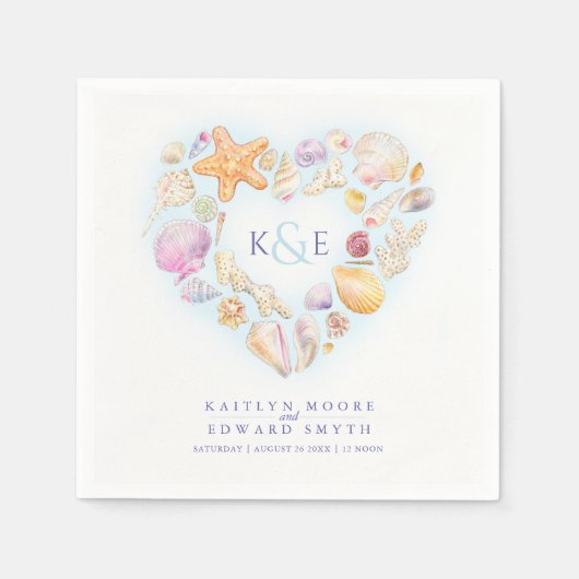 海の貝殻 水彩 ハート ビーチ 青 スタンダードカクテルナプキン (正面)