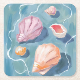 海の貝殻 水彩 海岸 ビーチ 海 スクエアペーパーコースター