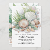 海の赤ちゃんシャワーのそばのセージ緑の貝殻 招待状 (正面/裏面)