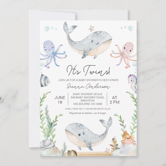 海の赤ちゃんシャワーの下にかわいいピンクの青い双子 招待状 (正面)
