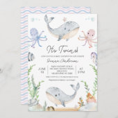 海の赤ちゃんシャワーの下にかわいいピンクの青い双子 招待状 (正面/裏面)
