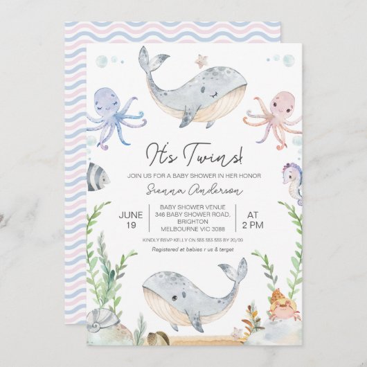 海の赤ちゃんシャワーの下にかわいいピンクの青い双子 招待状 (正面/裏面)