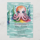海の赤ちゃんシャワーの下にかわいい小さなタコ 招待状 (正面/裏面)