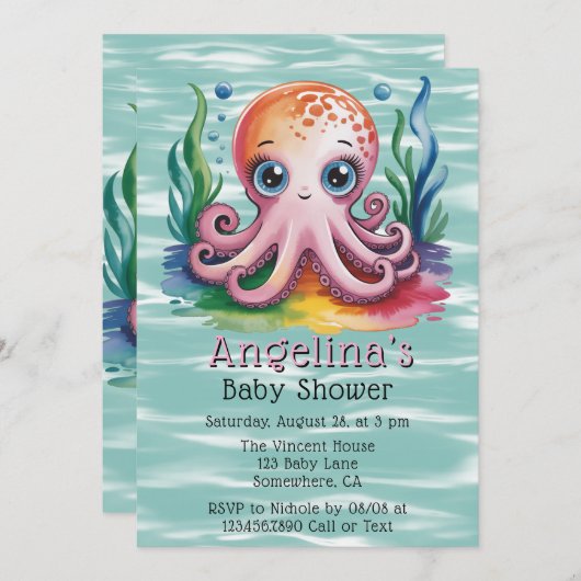 海の赤ちゃんシャワーの下にかわいい小さなタコ 招待状 (正面/裏面)