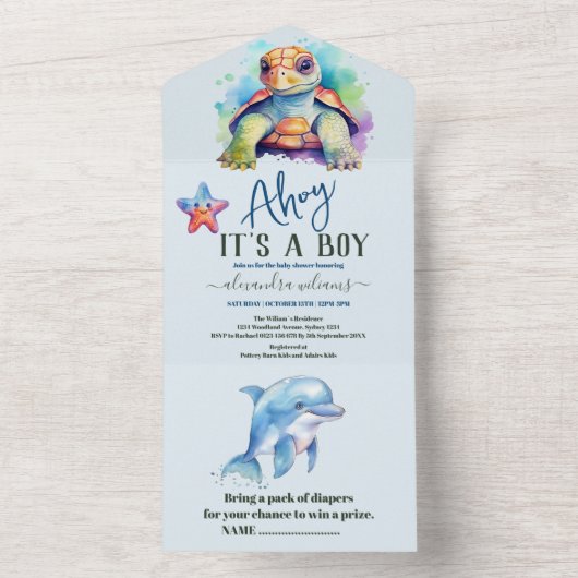 海の赤ちゃんシャワーの下にかわいい オールインワン招待状 (内側)