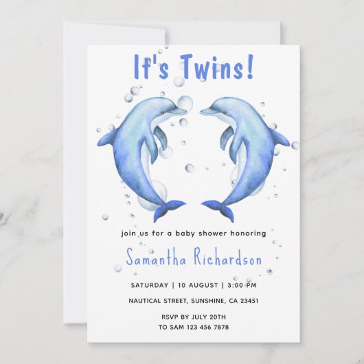 海の赤ちゃんシャワーの下にイルカが双子 招待状 (正面)