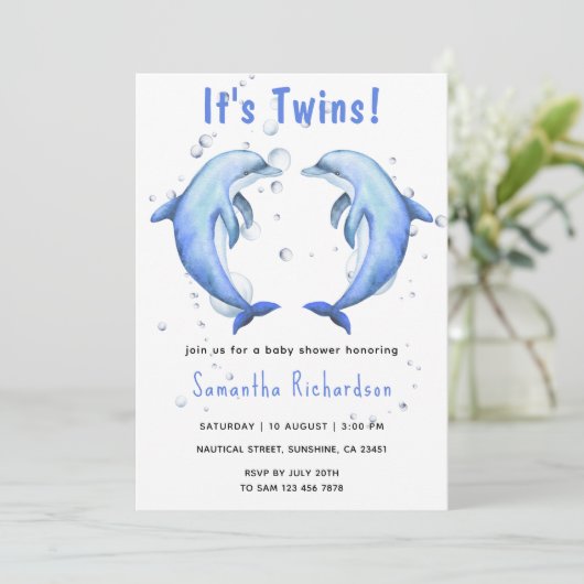 海の赤ちゃんシャワーの下にイルカが双子 招待状 (スタンド正面)