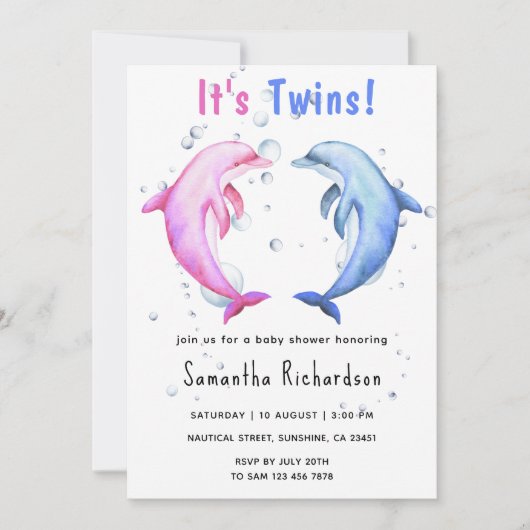 海の赤ちゃんシャワーの下にイルカが双子 招待状 (正面)