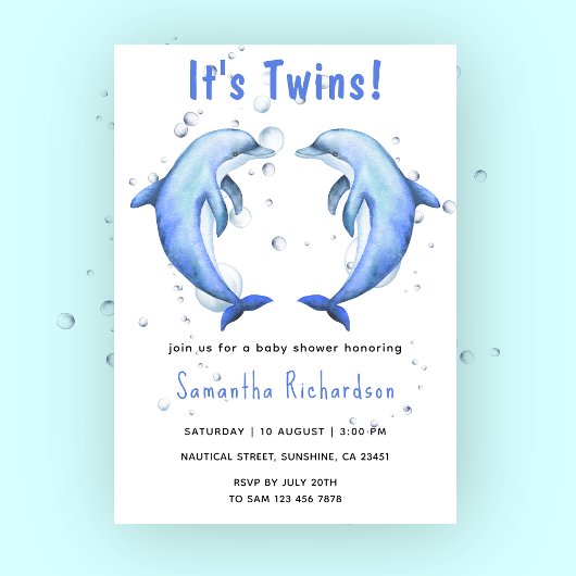 海の赤ちゃんシャワーの下にイルカが双子 招待状