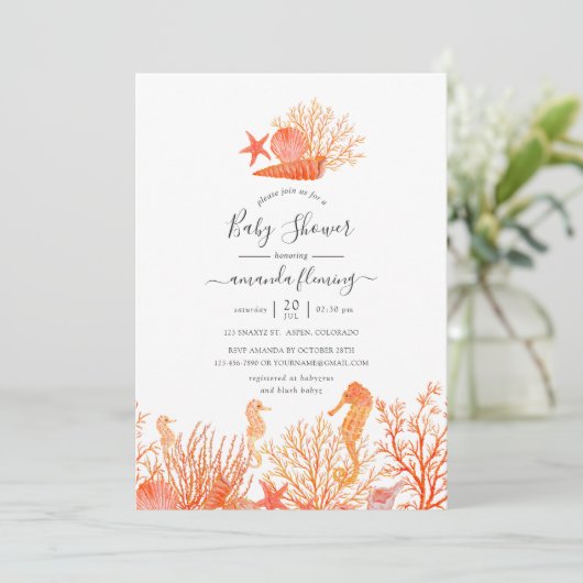 海の赤ちゃんシャワーの下に住むサンゴの水色 招待状 (スタンド正面)