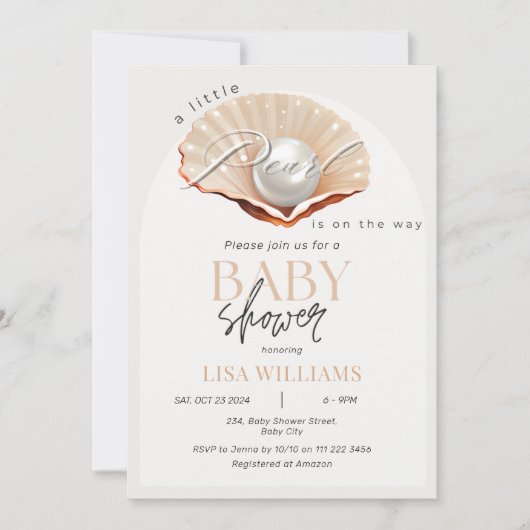 海の赤ちゃんシャワーの下に行く途中の小さな真珠 招待状 (正面)