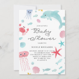 海の赤ちゃんシャワーの下のかわいいパステルウォーターカラー 招待状