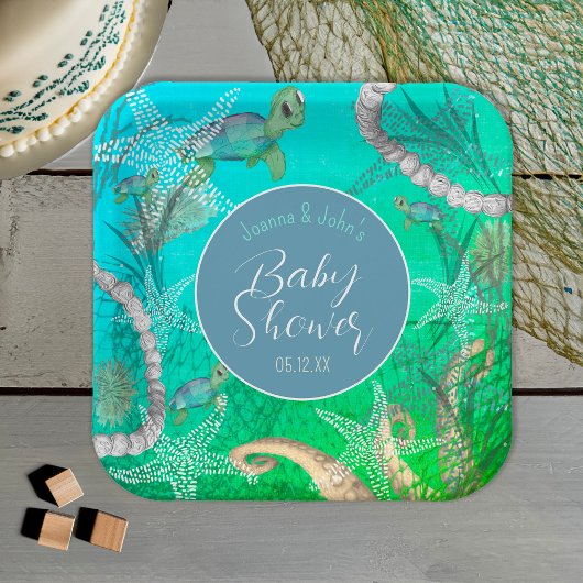 海の赤ちゃんシャワーの下のかわいい亀 ペーパープレート