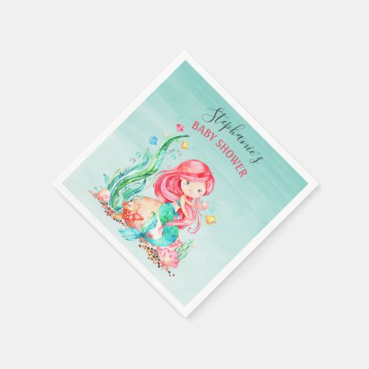 海の赤ちゃんシャワーの下のかわいい水彩人魚 スタンダードカクテルナプキン (角)