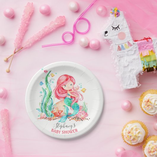 海の赤ちゃんシャワーの下のかわいい水彩人魚 ペーパープレート (パーティー)