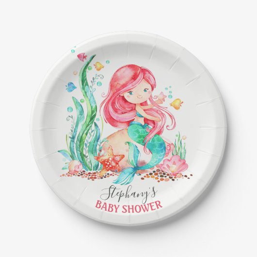 海の赤ちゃんシャワーの下のかわいい水彩人魚 ペーパープレート (正面)
