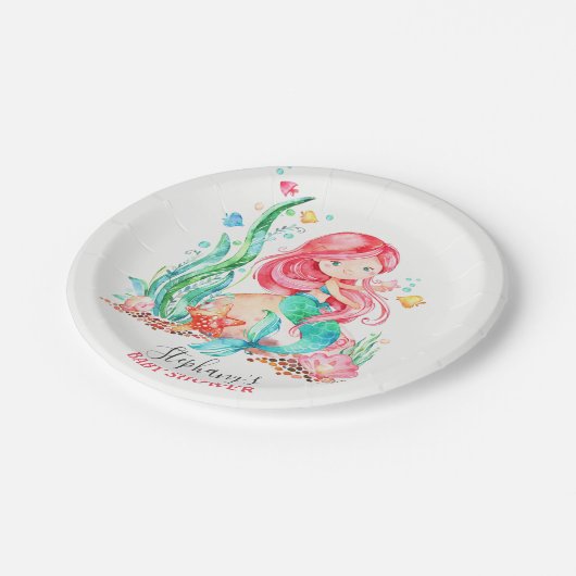 海の赤ちゃんシャワーの下のかわいい水彩人魚 ペーパープレート (アングル)