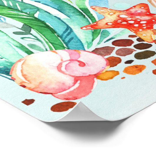 海の赤ちゃんシャワーの下のかわいい水彩人魚 ポスター (角)