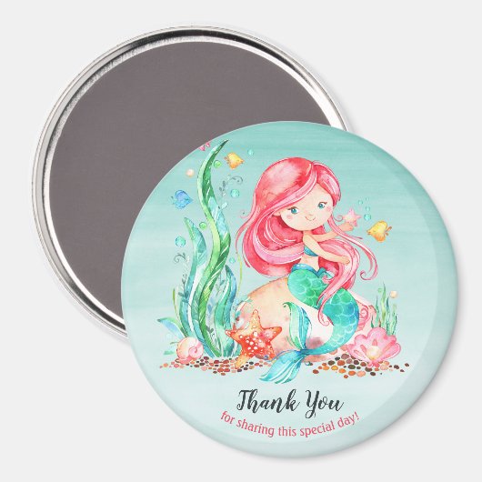 海の赤ちゃんシャワーの下のかわいい水彩人魚 マグネット (正面/裏面)