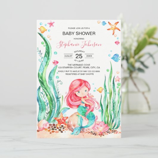 海の赤ちゃんシャワーの下のかわいい水彩人魚 招待状 (スタンド正面)