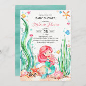 海の赤ちゃんシャワーの下のかわいい水彩人魚 招待状 (正面/裏面)