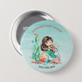 海の赤ちゃんシャワーの下のかわいい水彩人魚 缶バッジ (正面&裏面)