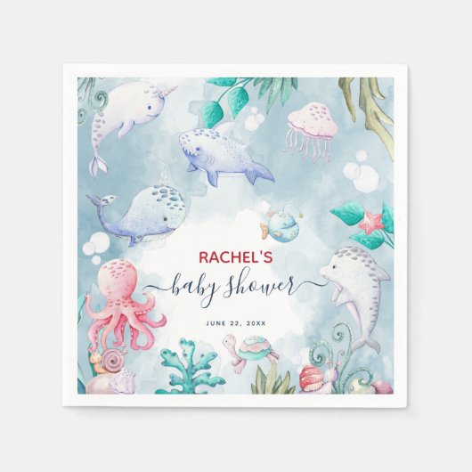 海の赤ちゃんシャワーの下のかわいい水色 スタンダードカクテルナプキン (正面)