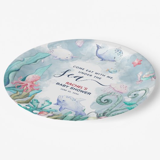 海の赤ちゃんシャワーの下のかわいい水色 ペーパープレート (アングル)