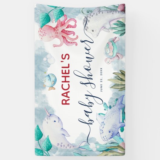 海の赤ちゃんシャワーの下のかわいい水色 横断幕 (縦)