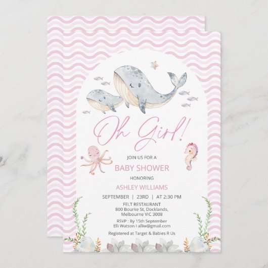 海の赤ちゃんシャワーの下のアーチピンクああ女の子 招待状 (正面/裏面)