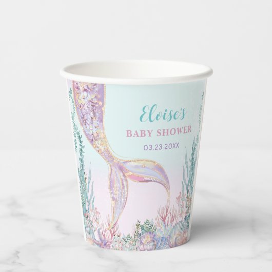 海の赤ちゃんシャワーの下のエーテルの人魚 紙コップ (裏面)