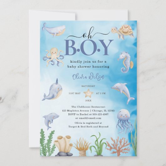 海の赤ちゃんシャワーの下のオ男の子の水色 招待状 (正面)