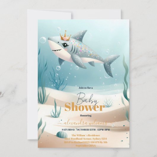 海の赤ちゃんシャワーの下のサメ 招待状 (正面)