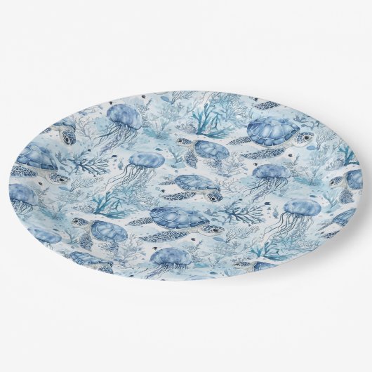 海の赤ちゃんシャワーの下のドリーミーブルー ペーパープレート (アングル)