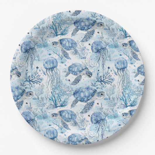 海の赤ちゃんシャワーの下のドリーミーブルー ペーパープレート (正面)