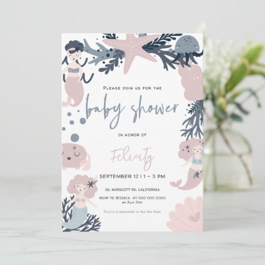 海の赤ちゃんシャワーの下のパステルマーメイド 招待状 (スタンド正面)