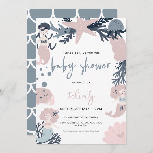 海の赤ちゃんシャワーの下のパステルマーメイド 招待状 (正面/裏面)