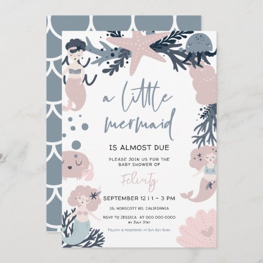 海の赤ちゃんシャワーの下のパステルマーメイド 招待状 (正面/裏面)