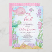 海の赤ちゃんシャワーの下のピンクのクジラの女の子 招待状 (正面/裏面)