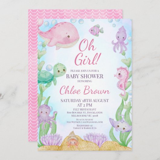 海の赤ちゃんシャワーの下のピンクのクジラの女の子 招待状 (正面/裏面)