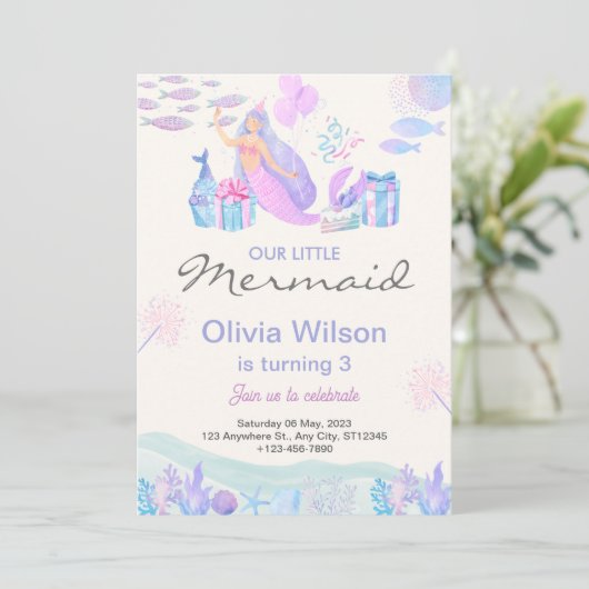 海の赤ちゃんシャワーの下のピンク色の可愛い人魚 招待状 (スタンド正面)