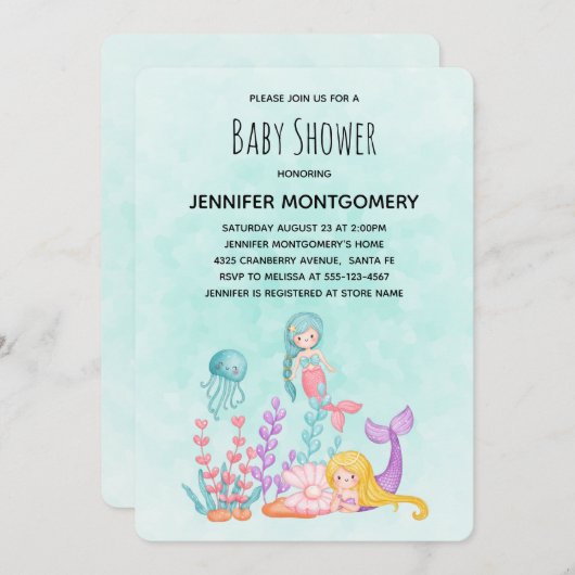 海の赤ちゃんシャワーの下の人魚とクラゲ 招待状 (正面/裏面)