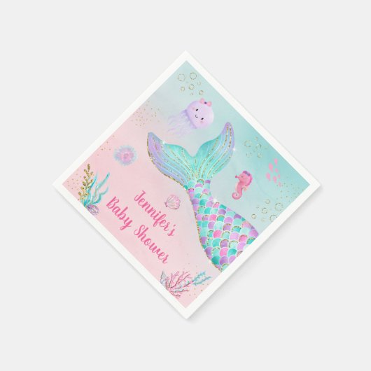 海の赤ちゃんシャワーの下の人魚ピンクの金ゴールド スタンダードカクテルナプキン (角)