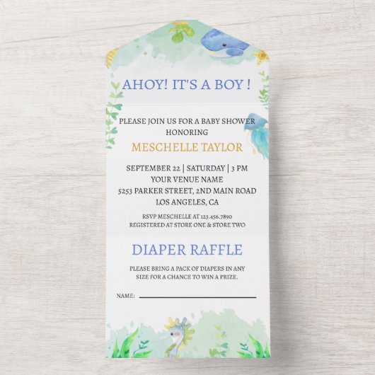 海の赤ちゃんシャワーの下の夏 オールインワン招待状 (内側)