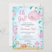 海の赤ちゃんシャワーの下の女の子ピンククジラ 招待状 (正面)