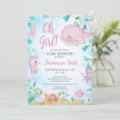 海の赤ちゃんシャワーの下の女の子ピンククジラ 招待状 (スタンド正面)